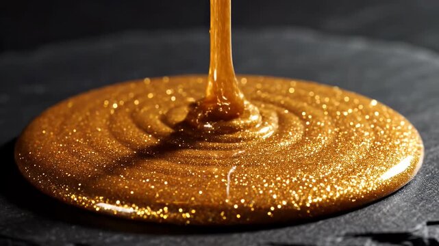 Glimmering Golden Syrup - A close-up shot of thick, golden syrup oozing onto a dark surface, shimmering with glittering particles.