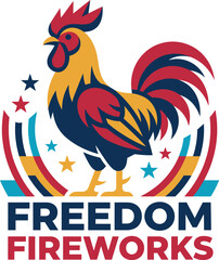 Colorful rooster with fireworks and freedom text on white background © AhammadMiran99