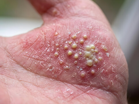 close-up macro of pustular psoriasis rash on human skin with white pustules