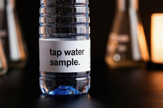 Clear plastic bottle contains tap water sample. Laboratory flasks visible in background. Water testing for contamination and purity in research.