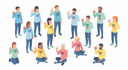 Fototapeta premium Illustrated group of people making hand gestures and signs for communication. Vector style with diverse characters in casual poses. Concept for sign language, education, and accessibility materials.