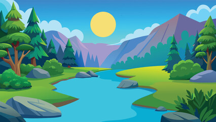 Fototapeta premium Pixel art landscape with a blue river flowing through a green forest under a bright yellow sun Vector