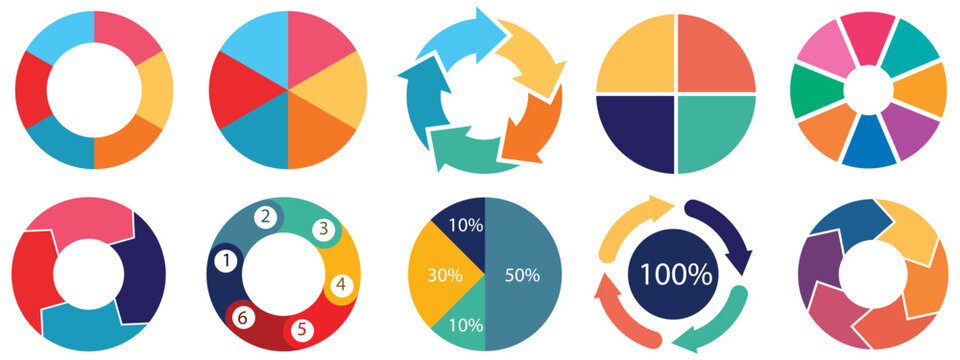 New pie chart set. Awesome big pie chart set.  Colorful diagram collection with 2,3,4,5,6,7,8 sections or steps. Circle icons for infographic, UI, web design, business presentation. Pie chart 