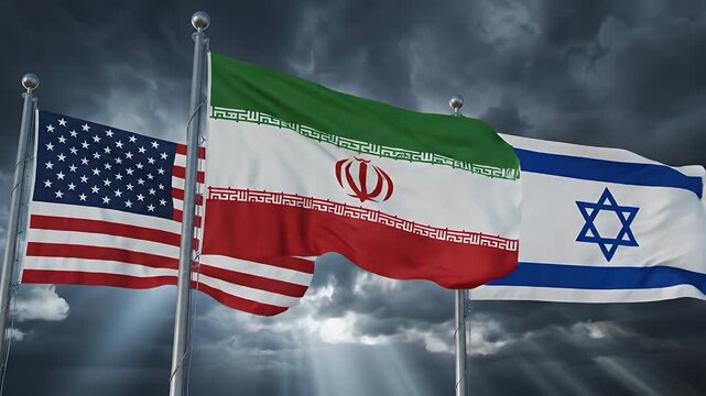 Geopolitical Tension with USA, Iran, and Israel Flags - Three national flags, representing the United States, Iran, and Israel, wave prominently on flagpoles.