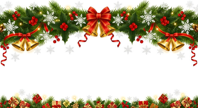 Festive christmas garland with bells holly and presents holiday border