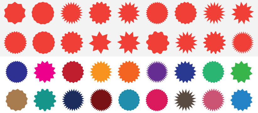 Set of red and other colors starburst. Big starburst set. Price sticker, sale sticker, price tag, starburst, quality mark, retro stars, sale or discount sticker, sunburst badges.