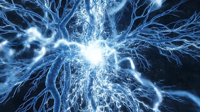Abstract Neural Network Energy Flow - An abstract, high-resolution visualization showcases a vibrant blue, glowing network of branched structures resembling neurons or a complex biological system.