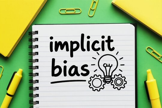 Notebook page with implicit bias text and lightbulb idea graphic. Conceptual illustration for business, psychology, or social justice topics. Educational or awareness material.