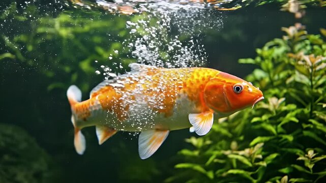 Vibrant Goldfish in Aquatic Environment - This captivating video showcases a vibrant goldfish swimming gracefully underwater, surrounded by lush green aquatic plants.