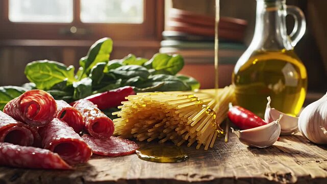 Kitchen Ingredients for Italian Cuisine - A vibrant arrangement of fresh ingredients typically used in Italian cooking.