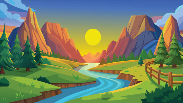 Beautiful pixel art landscape with mountains river and sun at sunset Vector