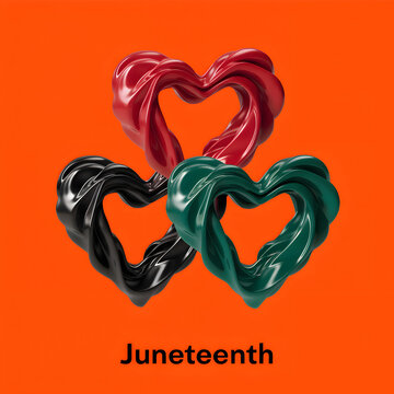 Celebration Concept with Intertwined 3D Glossy Hearts in Pan-African Colors &ndash; Red Black and Green Abstract Unity Symbol on Orange