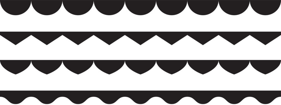 A new scalloped edge seamless set. borders and dividers. Simple scalloped border. Repeat cute vintage frill ornament. Texture ribbons. Vector illustration isolated on white background