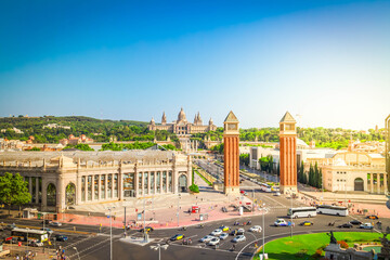 Naklejka premium Square of Spain at summer day - venetian towers and National museum of Barcelona, Spain