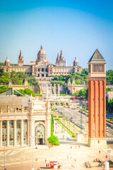 Naklejka premium Square of Spain details - venetian tower and National museum of Barcelona, Spain