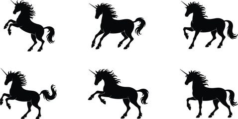 Unicorn silhouettes in dynamic poses with flowing manes and horns, black fantasy illustration for magical design and creative art projects © MstMostarina