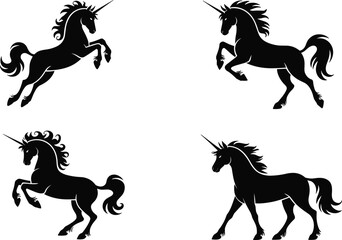 Black unicorn silhouettes with flowing manes and horns, fantasy animal illustration for magical design, creative projects, and whimsical art © MstMostarina