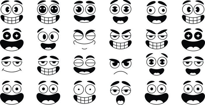 Cartoon facial expressions grid with smiling, grinning, sleepy, surprised, and frowning faces, fun emotion illustration for kids and design projects