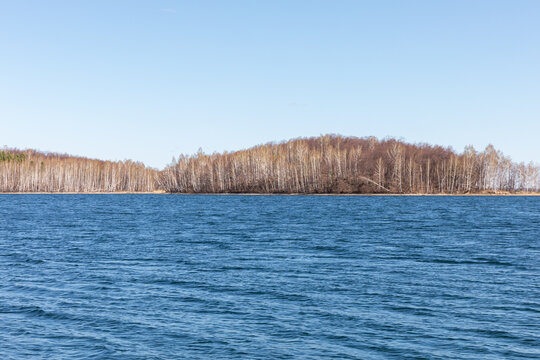 Wide panoramic view of calm blue lake water with gentle ripples, birch forest shoreline and low hill in the distance under a clear sky, peaceful nature scene