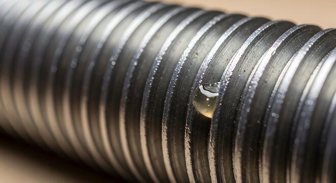 Close-up of a metal screw thread with water droplet hardware fastener