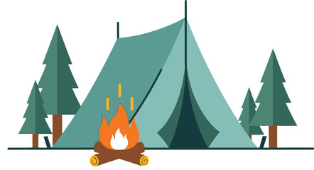camping scene with tent and campfire flat vector illustration © ANISURRAHMAN