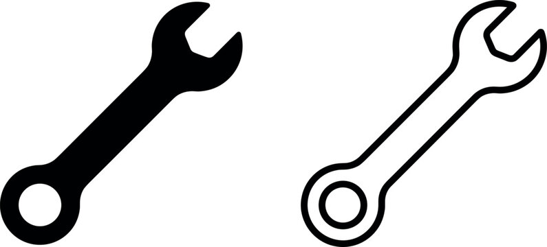 Minimalist wrench icon set featuring solid black silhouette and thin line art outline symbols for mechanical repair maintenance and software settings interface design.