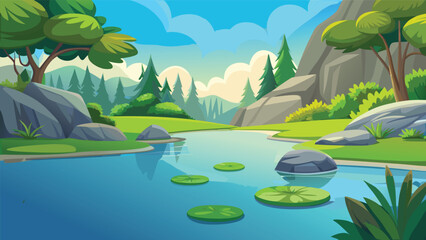 Obraz premium Beautiful cartoon nature landscape with a calm river flowing through a green forest and rocks Vector