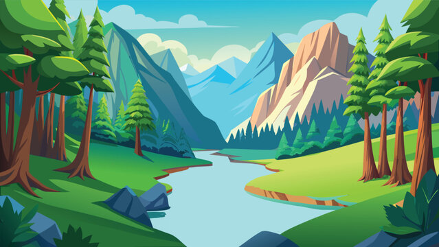 Beautiful cartoon mountain landscape with a flowing river and green pine forest trees Vector