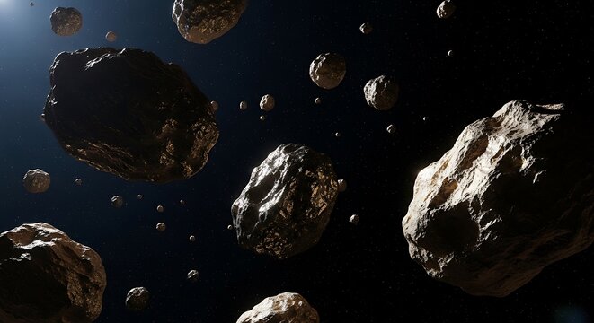 An artistic representation of a dense asteroid field drifting through deep space near the alpha centauri star system, illustrated in a cinematic style