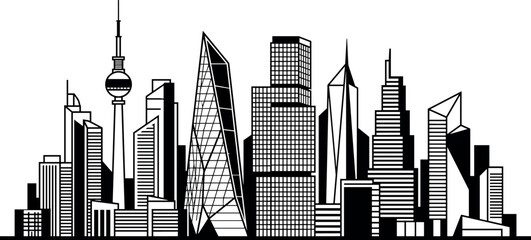 Modern urban city skyline silhouette vector illustration featuring minimalist skyscrapers high rise buildings and architectural towers for business real estate and metropolitan development projects. © Trump!