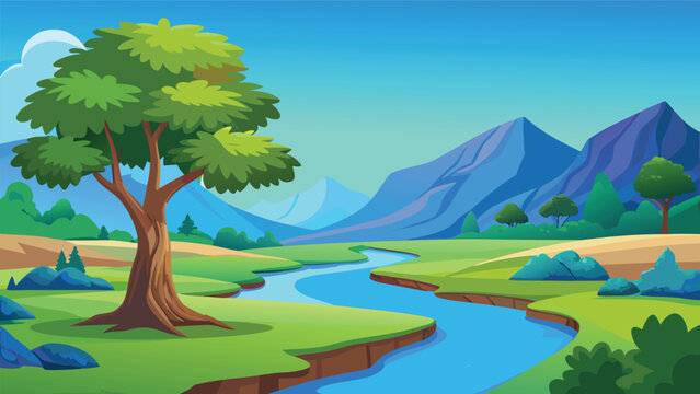 Beautiful natural landscape with a big tree flowing river and mountains in the background Vector