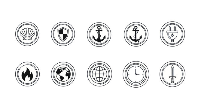 Set of Vintage Circular Icons: Anchor, Shield, Flame, Globe, Clock, Shell, Plug, Sword