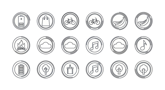 Set of Vintage Style Icons: Battery, Shopping Bag, Bicycle, Banana, Fire, Cloud, Music Note, Tree, Gift Box