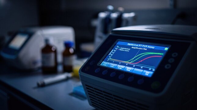Real-time PCR machine displaying hantavirus RT-PCR assay amplification plot in laboratory setting