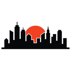 Obraz premium City Skyline Sunset Silhouette Vector EPS – Black Urban Cityscape with Sun Icon for Travel, Architecture Design