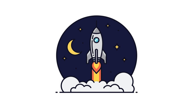 rocket ship illustration with moon and stars flat vector design