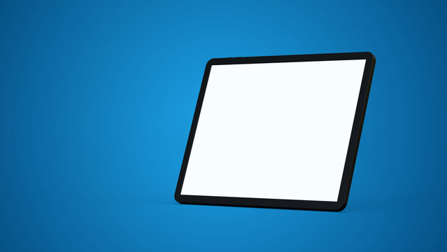 Digital tablet with empty screen and copy space for design mockups. Modern electronic device for advertisement display is isolated on blue background.