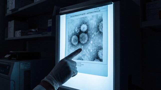 Scientist examining hantavirus particles on electron microscopy report display