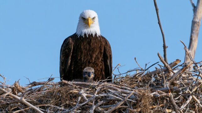 Bald eagle sits protectively over young chick in large messy nest built of thick branches.