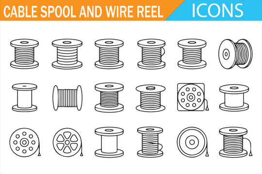 Cable spool and wire reel icons set in simple outline style