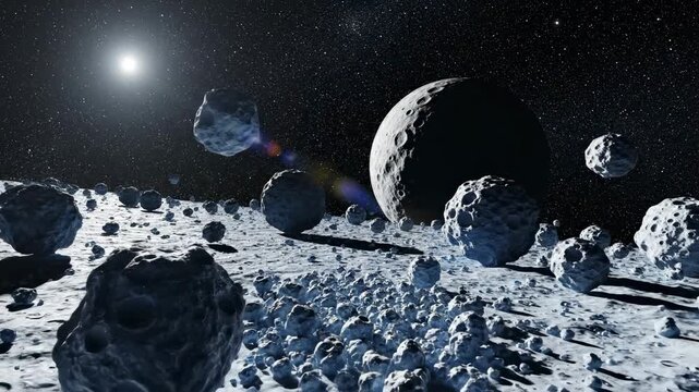 This video content depicts a breathtaking asteroid field in space with a large moon visible in the background. The scene is filled with numerous asteroids of varying sizes and a starry night sky.