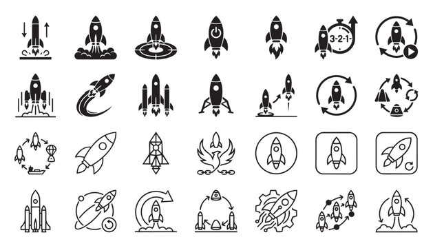 Minimalist line art icons featuring rockets, astronauts, space missions, and launch pads in a clean design style.
