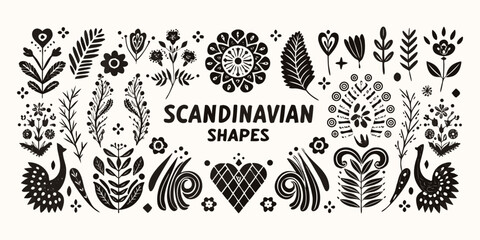 scandinavian folk art silhouettes and floral shapes on white background © Bipul