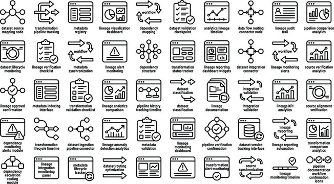 Data lineage workflow outline icon set with metadata validation pipeline tracking and analytics dashboard symbols for app design