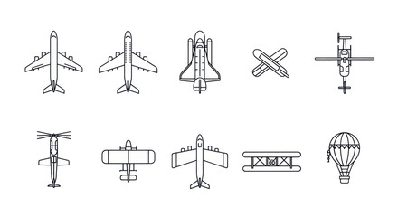 Aircraft Icons: Airplane, Helicopter, Space Shuttle, Hot Air Balloon, Biplane © Botol