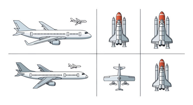 Airplane and Space Shuttle Vector Icons - Aviation and Space Travel Concepts