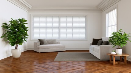 Fototapeta premium Bright empty lounge area showcases elegant timber flooring and contemporary window treatments in sunlit residential space.
