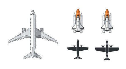 Airplane, Space Shuttle, and Vintage Aircraft Top View Icons © dadaguson