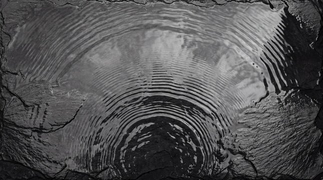 Stone surface captures circular ripples moving across the dark water after a single drop fell down.