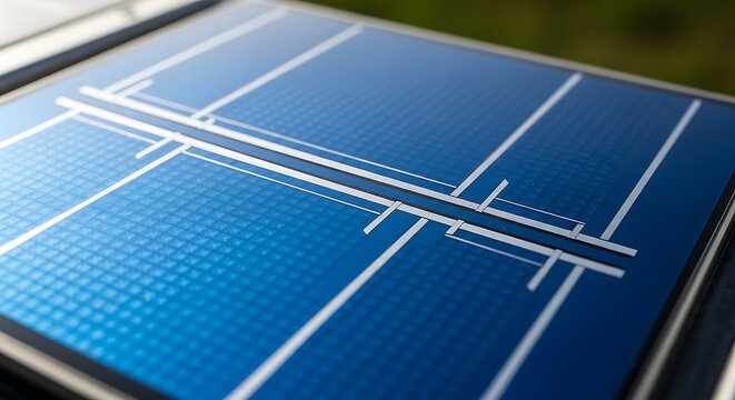 Close up of a solar panel surface with blue cells and grid lines, energy source